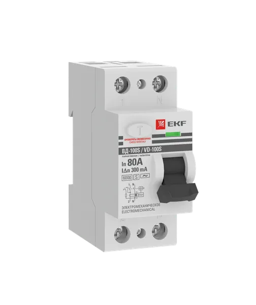 Выключатель дифференциального тока ВД-100 2P (S) 80А 300мА тип АС электромеханический 6кА селективный PROXIMA EKF