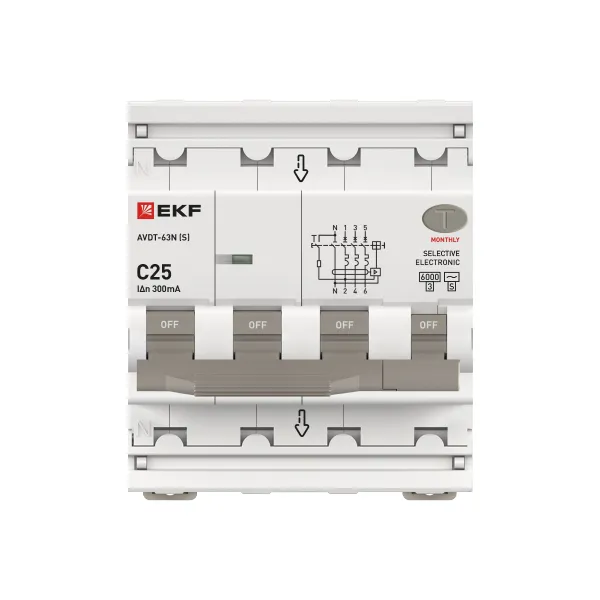 Автоматический выключатель дифференциального тока АВДТ-63N 3P+N (S) 25А характеристика C 300мА тип AC электронный селективный 6кА PROXIMA EKF