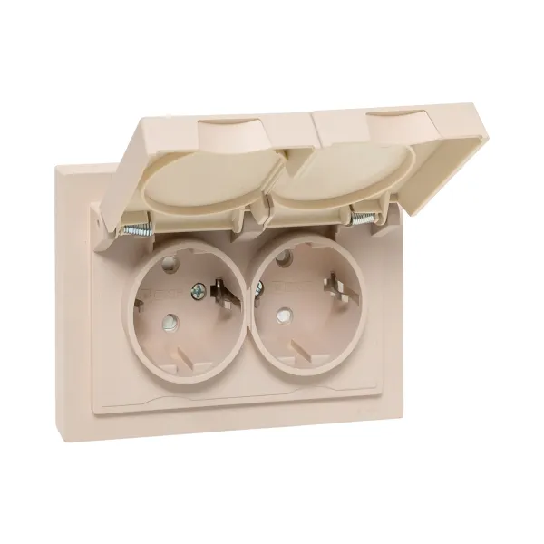 Механизм розетки двойной, 16А, IP44, с заземлением, со шторками, с рамкой, с крышками, кремовый Эпика EKF