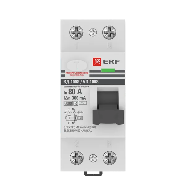 Выключатель дифференциального тока ВД-100 2P (S) 80А 300мА тип АС электромеханический 6кА селективный PROXIMA EKF