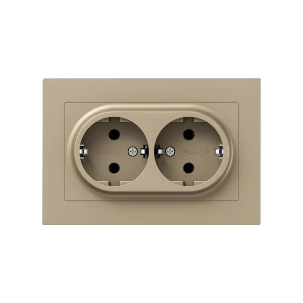 Механизм розетки двойной, 16А, с заземлением, без шторок, с рамкой, шампань Эпика EKF