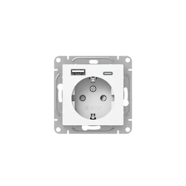 Механизм розетки с USB-A+С - 2шт, 16А, с заземлением, со шторками, белый Эпика EKF