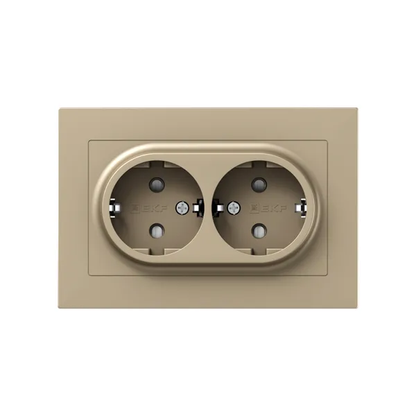 Механизм розетки двойной, 16А, с заземлением, со шторками, с рамкой, шампань Эпика EKF