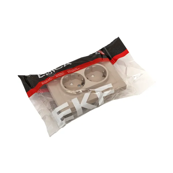 Механизм розетки двойной, 16А, с заземлением, со шторками, с рамкой, кремовый Эпика EKF