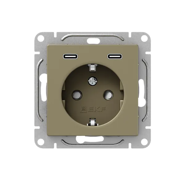Механизм розетки с USB-C - 2шт, 16А, с заземлением, со шторками, шампань Эпика EKF