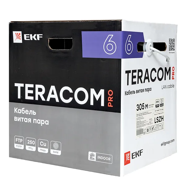 Кабель витая пара TERACOM PRO Cat.6 F/UTP 4 пары solid 23AWG оболочка LSZH нг(А)-HF цвет серый (упак. 305м)