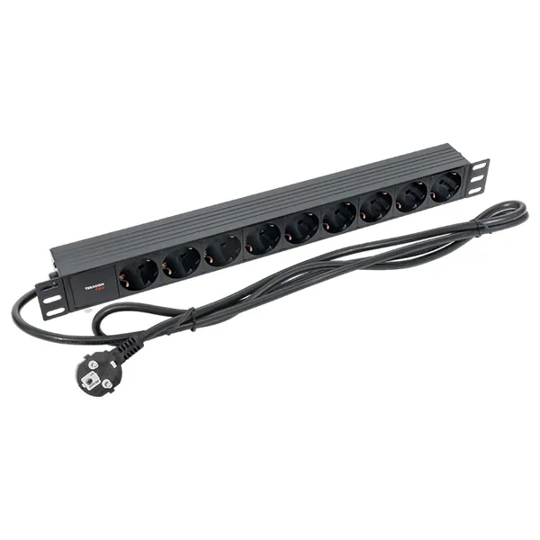 Блок розеток PDU TERACOM PRO 19" 1U 16А/250В 9 розеток Schuko шнур питания длиной 2 метра сечение 3x1,5 мм2 вилка Schuko корпус пластик черный