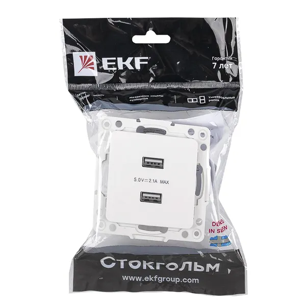 Стокгольм Механизм Розетки USB 2-местной 2,1А винтовые клеммы белый EKF PROxima