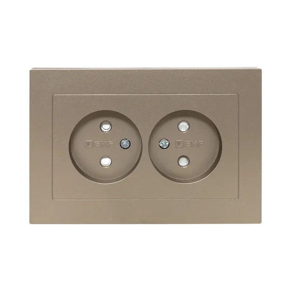 Механизм розетки двойной, 16А, без заземления, со шторками, с рамкой, шампань Эпика EKF
