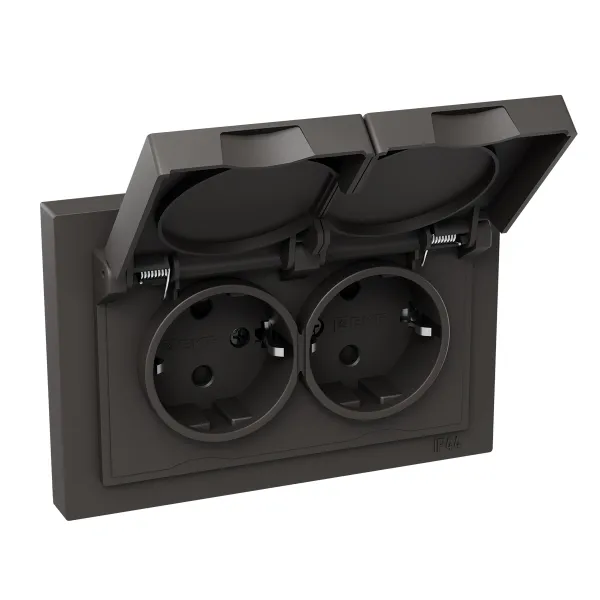 Механизм розетки двойной, 16А, IP44, с заземлением, со шторками, с рамкой, с крышками, мокко Эпика EKF