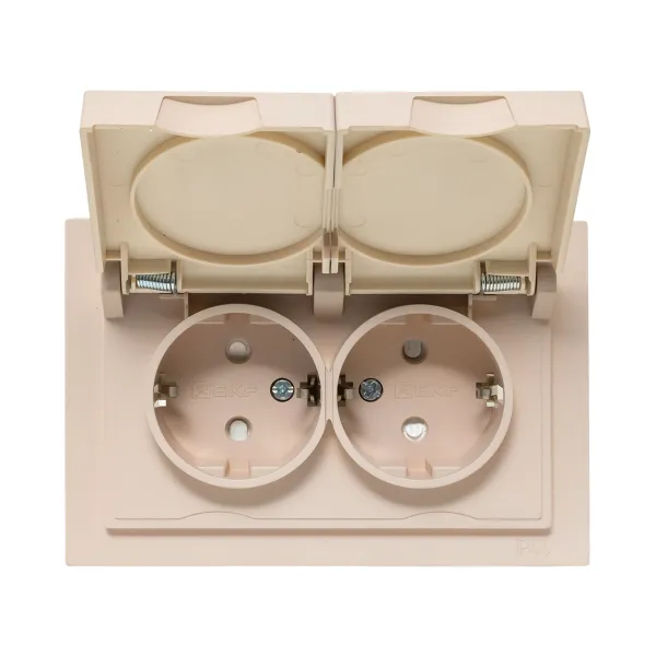 Механизм розетки двойной, 16А, IP44, с заземлением, со шторками, с рамкой, с крышками, кремовый Эпика EKF