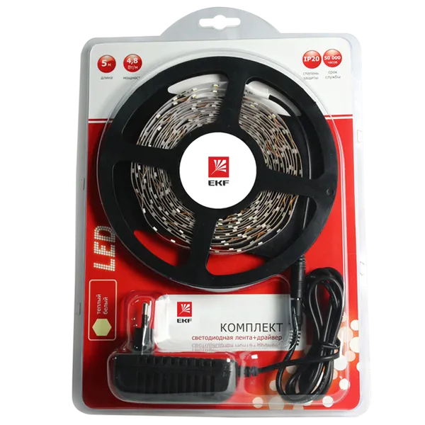 Комплект лента светодиодная FLS-3528 60 сд/м 4,8Вт 12В IP65 5м теплый белый и драйвер EKF Simple