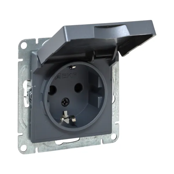 Механизм розетки, 16А, IP44, с заземлением, со шторками, c крышкой, графит Эпика EKF