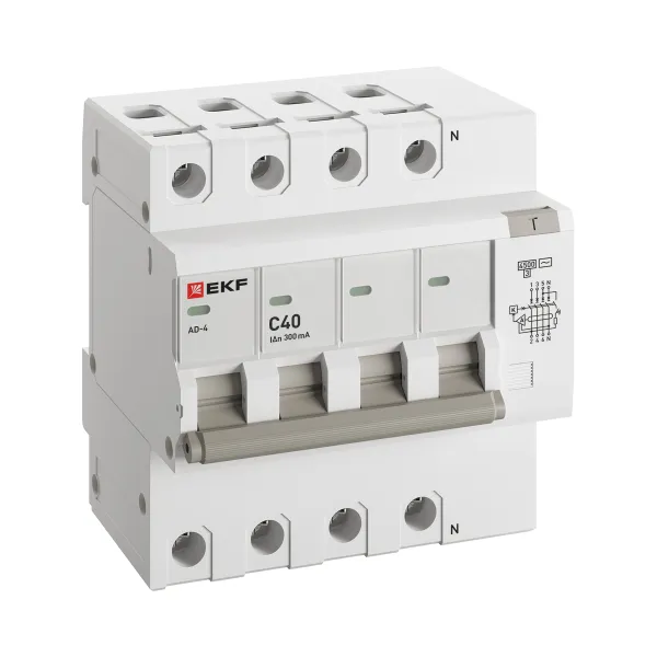 Дифференциальный автомат АД-4 40А/300мА (хар. C, AC, электронный) 4,5кА EKF PROxima