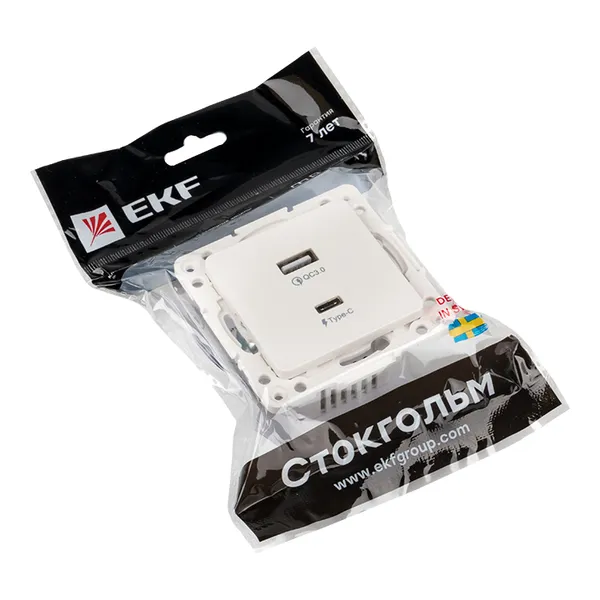 Стокгольм Механизм Розетки с 2USB type-A + type-C винтовые клеммы белый EKF PROxima