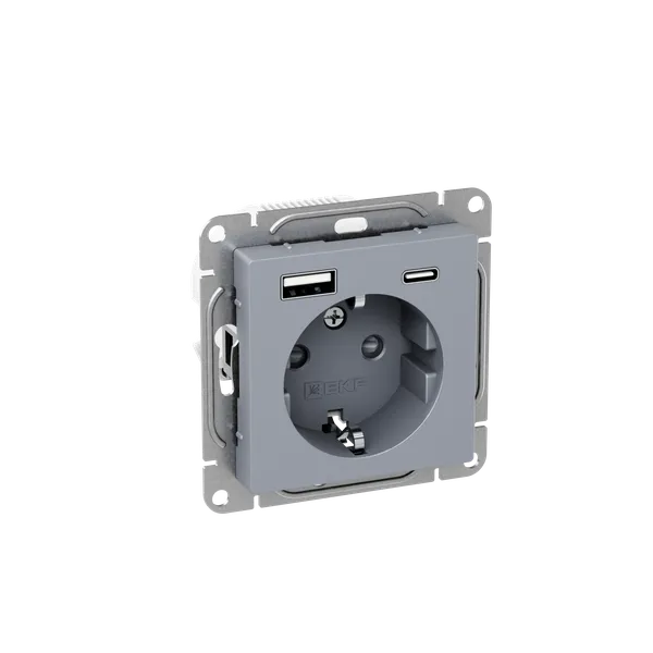 Механизм розетки с USB-A+С - 2шт, 16А, с заземлением, со шторками, алюминий Эпика EKF