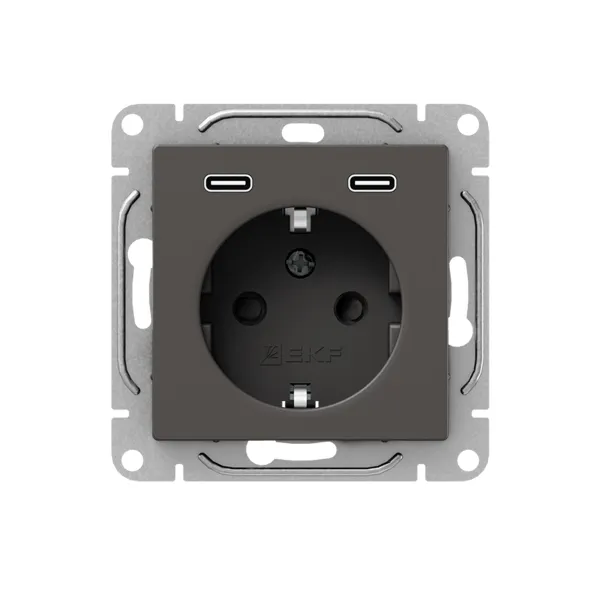 Механизм розетки с USB-C - 2шт, 16А, с заземлением, со шторками, мокко Эпика EKF