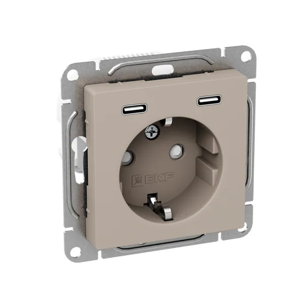 Механизм розетки с USB-C - 2шт, 16А, с заземлением, со шторками, кремовый Эпика EKF