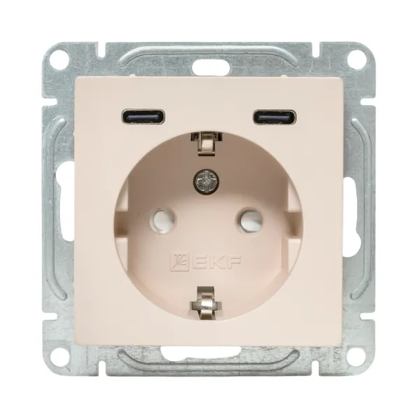 Механизм розетки с USB-C - 2шт, 16А, с заземлением, со шторками, кремовый Эпика EKF