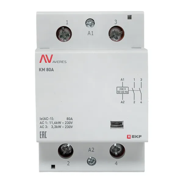 Контактор модульный КМ 80А 2NО 230VAC (3 мод.) AVERES EKF