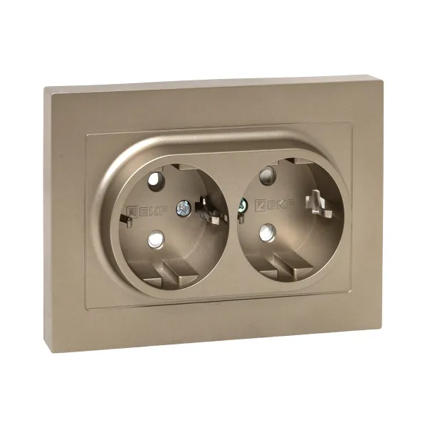Механизм розетки двойной, 16А, с заземлением, со шторками, с рамкой, шампань Эпика EKF