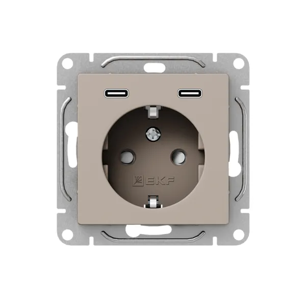Механизм розетки с USB-C - 2шт, 16А, с заземлением, со шторками, кремовый Эпика EKF