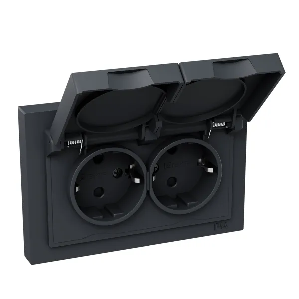 Механизм розетки двойной, 16А, IP44, с заземлением, со шторками, с рамкой, с крышками, графит Эпика EKF