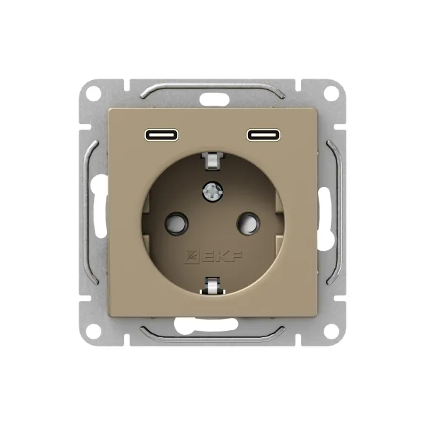 Механизм розетки с USB-C - 2шт, 16А, с заземлением, со шторками, шампань Эпика EKF