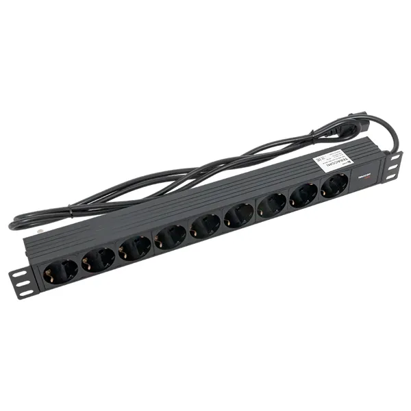 Блок розеток PDU TERACOM PRO 19" 1U 10А/250В 9 розеток Schuko шнур питания длиной 2 метра сечение 3x1,5 мм2 вилка C14 корпус пластик черный
