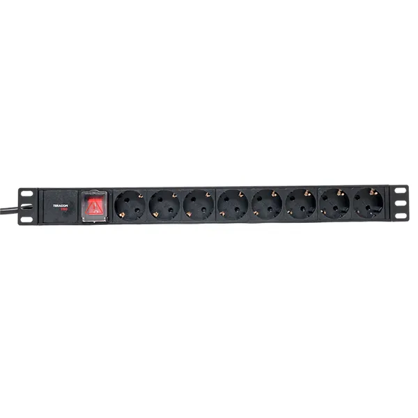 Блок розеток PDU TERACOM PRO 19" 1U 16А/250В 8 розеток Schuko с выключателем шнур питания длиной 2 метра сечение 3x1,5 мм2 вилка Schuko корпус алюминий черный