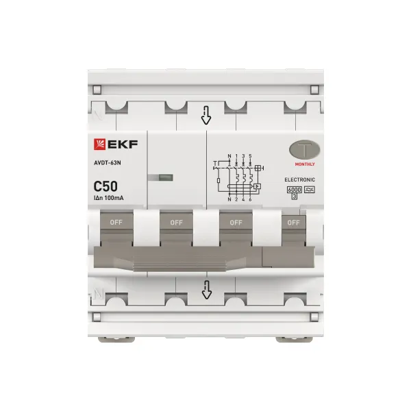 Автоматический выключатель дифференциального тока АВДТ-63N 3P+N 50А характеристика C 100мА тип A электронный 6кА PROXIMA EKF