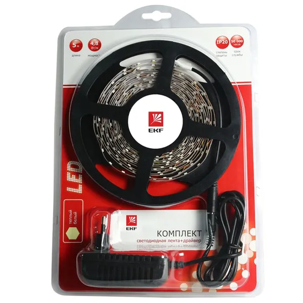 Комплект лента светодиодная FLS-3528 60 сд/м 4,8Вт 12В IP65 5м теплый белый и драйвер EKF Simple