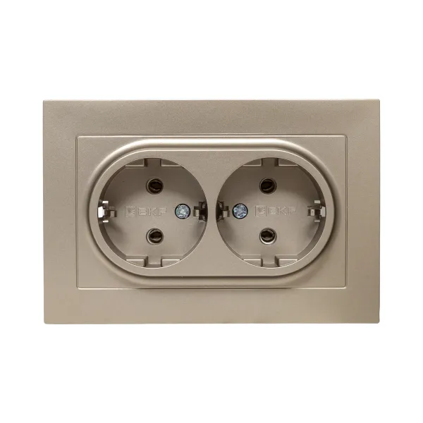 Механизм розетки двойной, 16А, с заземлением, без шторок, с рамкой, шампань Эпика EKF
