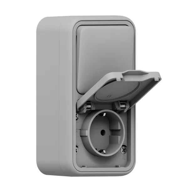 Блок: розетка и выключатель, одноклавишный, проходной ОП, винтовые клеммы серый, Бронто EKF