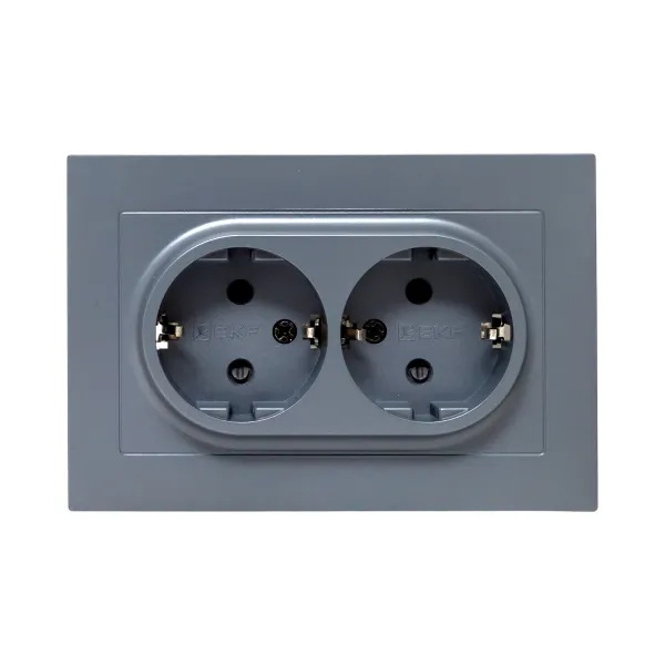 Механизм розетки двойной, 16А, с заземлением, со шторками, с рамкой, графит Эпика EKF