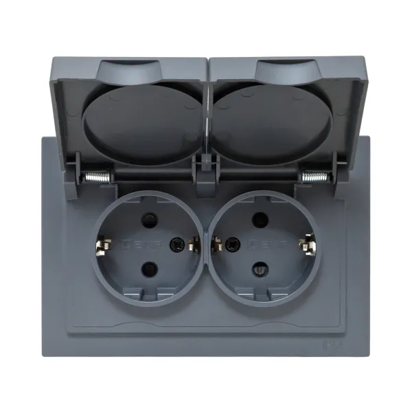 Механизм розетки двойной, 16А, IP44, с заземлением, со шторками, с рамкой, с крышками, графит Эпика EKF