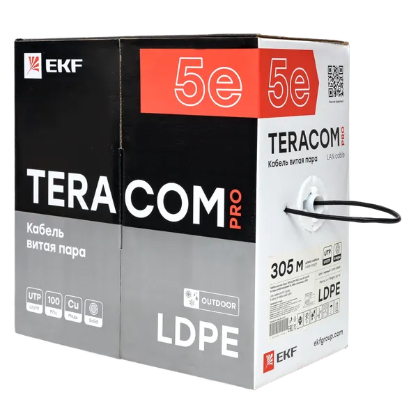 Кабель витая пара TERACOM PRO Cat.5E U/UTP 4 пары solid внешний 24AWG оболочка LDPE цвет черный (упак. 305м)