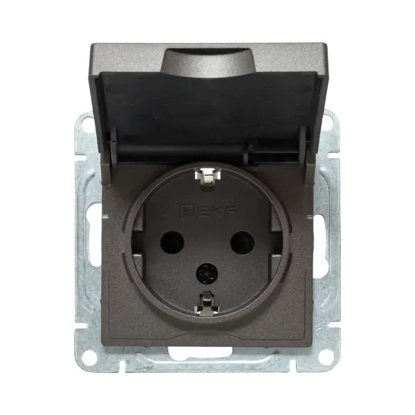 Механизм розетки, 16А, IP44, с заземлением, со шторками, c крышкой, мокко Эпика EKF