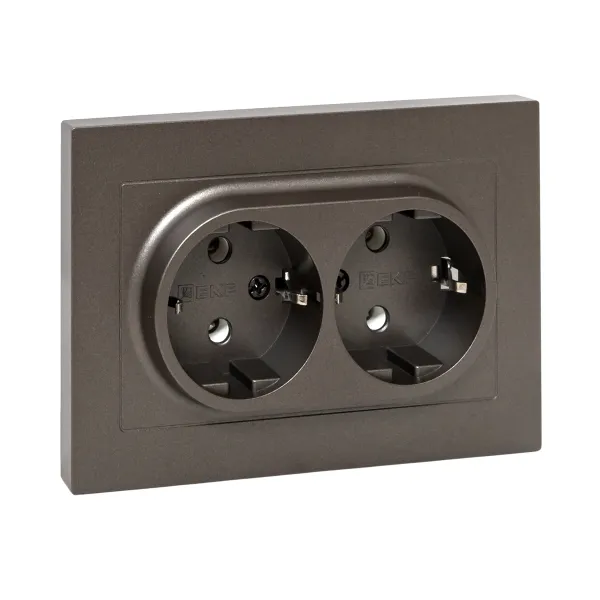 Механизм розетки двойной, 16А, с заземлением, без шторок, с рамкой, мокко Эпика EKF