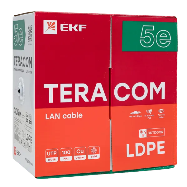 Кабель витая пара TERACOM Cat.5E U/UTP 4 пары solid внешний оболочка LDPE цвет черный (упак. 305м)