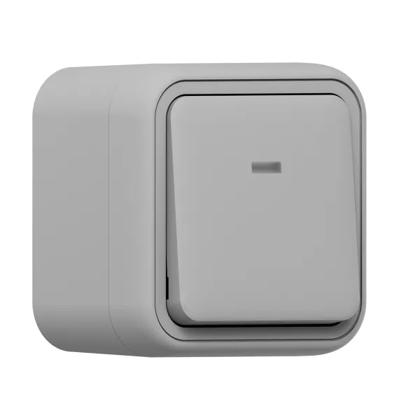 Выключатель, одноклавишный, проходной, с подсветкой, ОП, автоматические клеммы серый, Бронто EKF