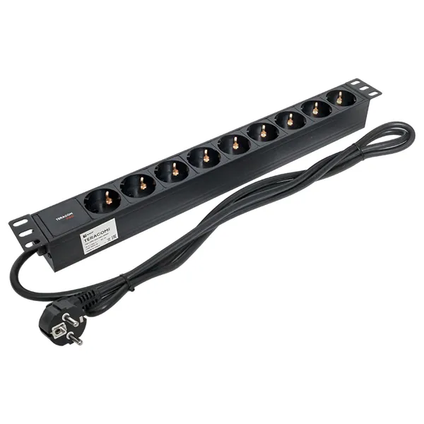 Блок розеток PDU TERACOM PRO 19" 1U 16А/250В 9 розеток Schuko шнур питания длиной 2 метра сечение 3x1,5 мм2 вилка Schuko корпус алюминий черный