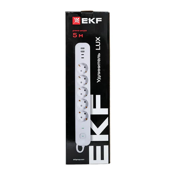 Удлинитель LUX 5 гнезд 2USB 2,4А+2type-C 5 метров 1,5мм2 EKF