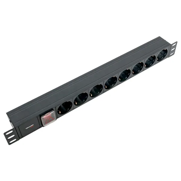 Блок розеток PDU TERACOM PRO 19" 1U 10А/250В 8 розеток Schuko с выключателем без шнура питания входной разъем C14 корпус алюминий черный