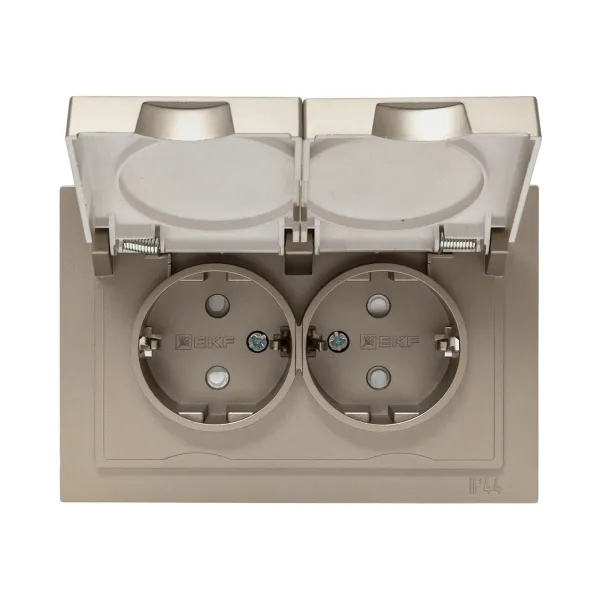 Механизм розетки двойной, 16А, IP44, с заземлением, со шторками, с рамкой, с крышками, шампань Эпика EKF