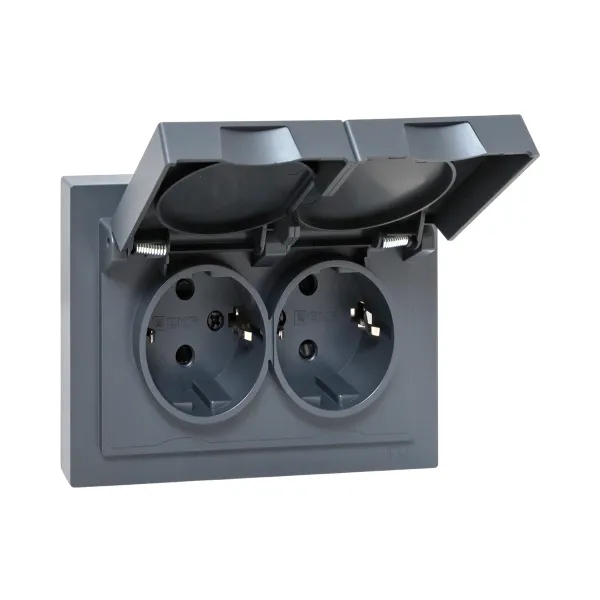 Механизм розетки двойной, 16А, IP44, с заземлением, со шторками, с рамкой, с крышками, графит Эпика EKF
