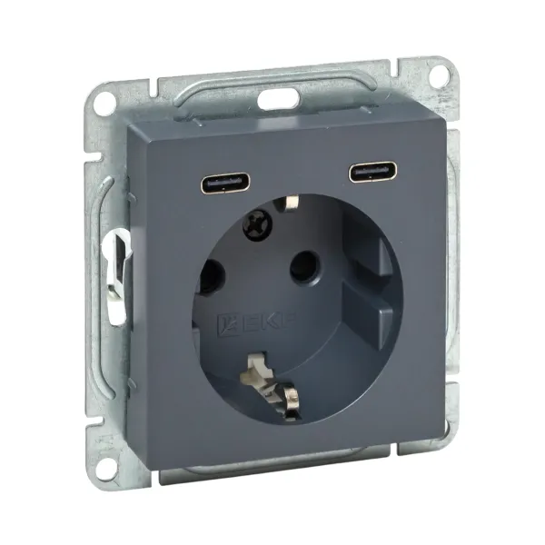Механизм розетки с USB-C - 2шт, 16А, с заземлением, со шторками, графит Эпика EKF