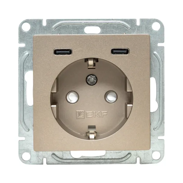 Механизм розетки с USB-C - 2шт, 16А, с заземлением, со шторками, шампань Эпика EKF