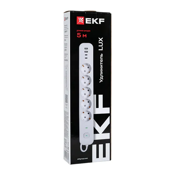 Удлинитель LUX 5 гнезд 2USB 2,4А+2type-C 5 метров 1,5мм2 EKF