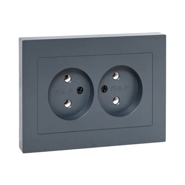 Механизм розетки двойной, 16А, без заземления, без шторок, с рамкой, графит Эпика EKF